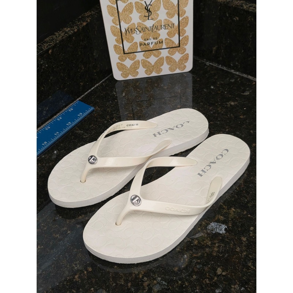 Coach Abbigail Flip Flops 7B Off-White Signature Monogram Turnlock Sandals